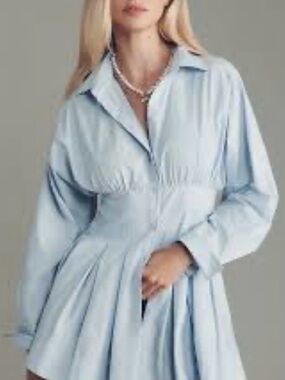 Maeve Light Blue Long Sleeve Midi Gathered Waist Shirt Dress Sz Large NWT